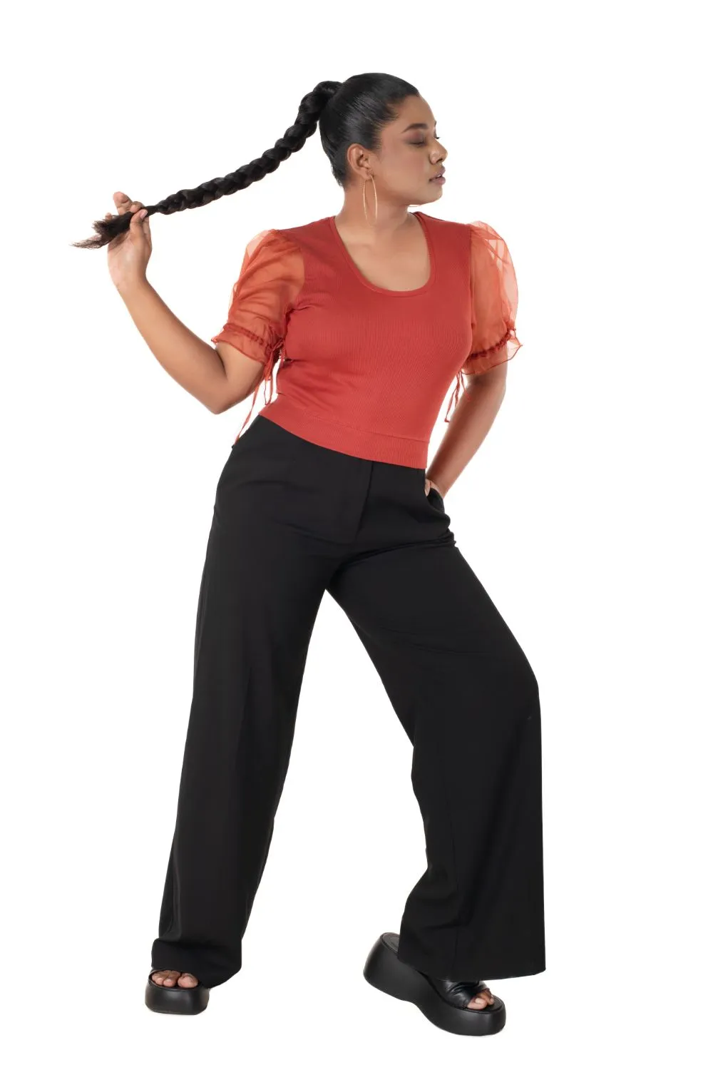 Round neck Blouses with Puffy Organza Sleeves- Plus Size