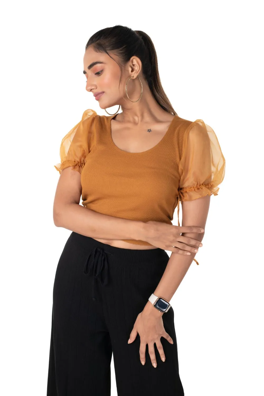 Round neck Blouses with Puffy Organza Sleeves- Plus Size