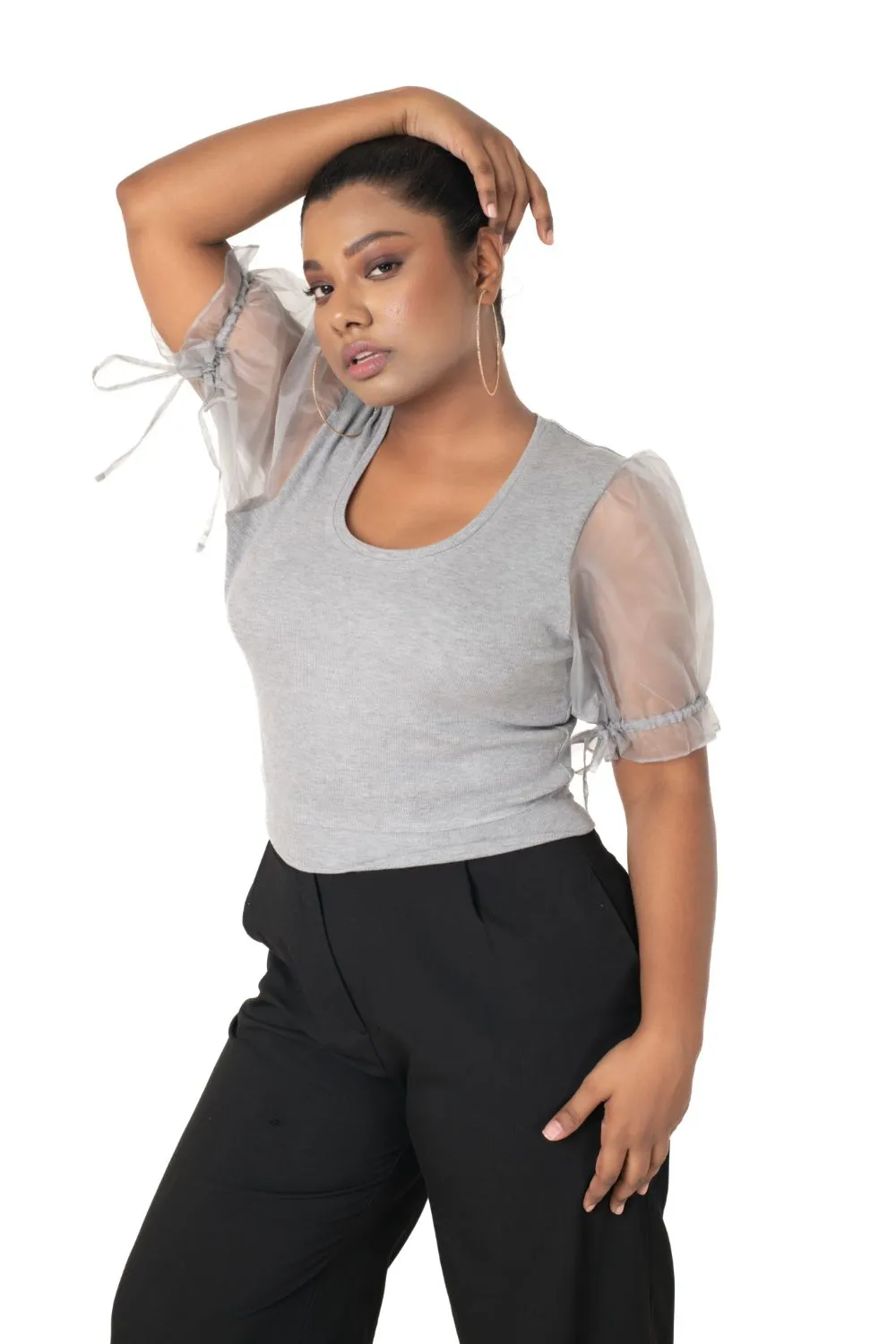 Round neck Blouses with Puffy Organza Sleeves- Plus Size
