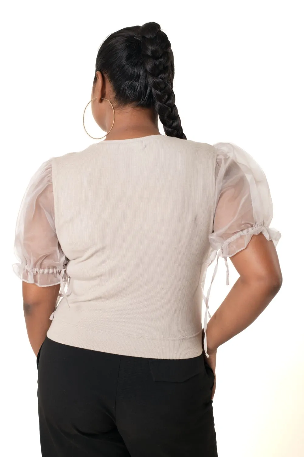 Round neck Blouses with Puffy Organza Sleeves- Plus Size