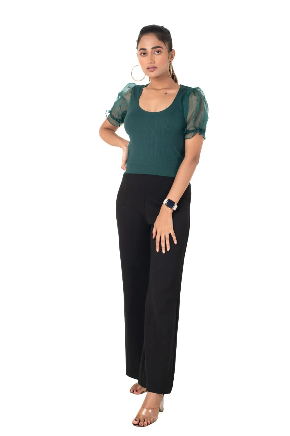 Round neck Blouses with Puffy Organza Sleeves- Plus Size
