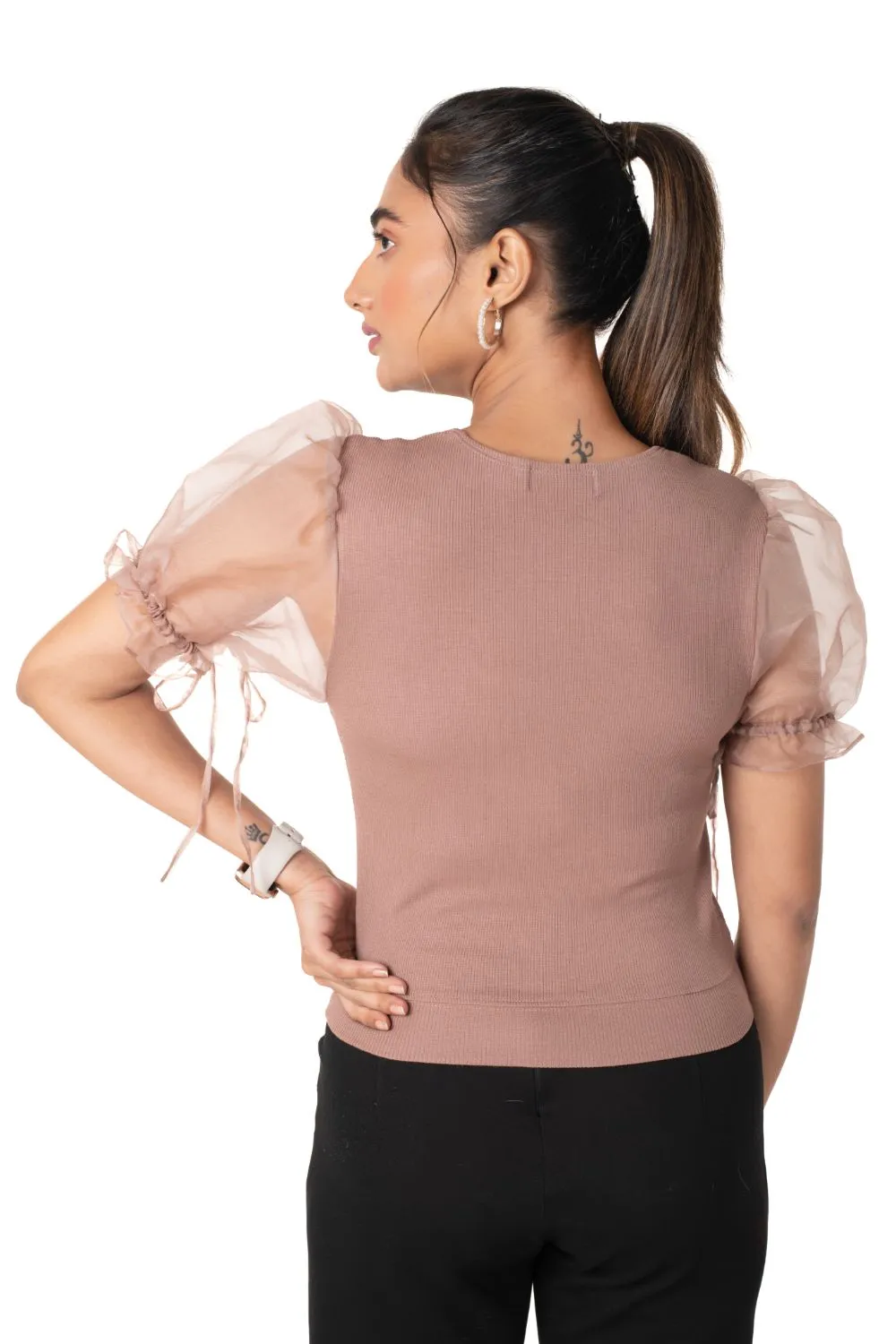 Round neck Blouses with Puffy Organza Sleeves- Plus Size