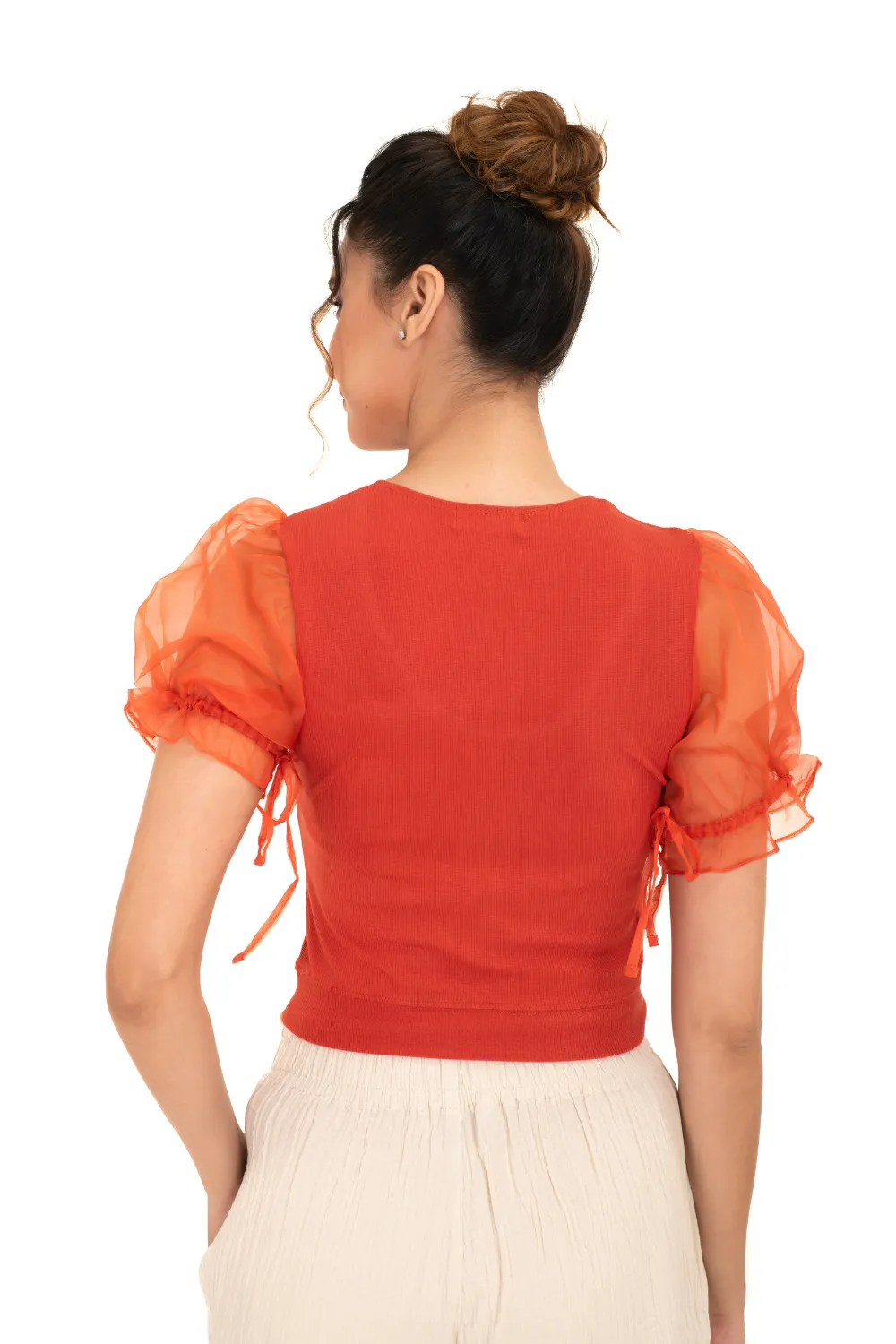 Round neck Blouses with Puffy Organza Sleeves- Plus Size