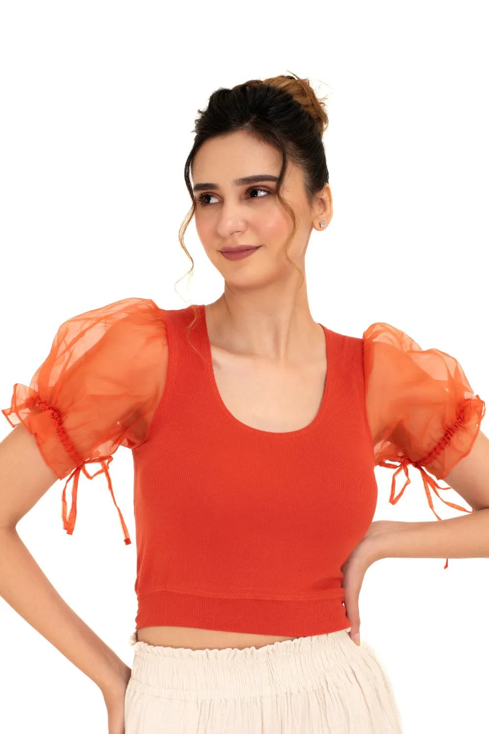 Round neck Blouses with Puffy Organza Sleeves- Plus Size