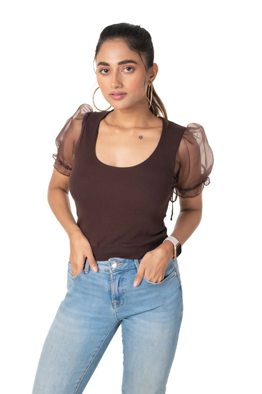 Round neck Blouses with Puffy Organza Sleeves- Plus Size
