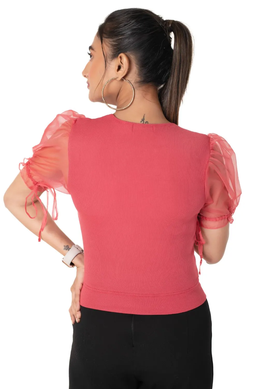 Round neck Blouses with Puffy Organza Sleeves- Plus Size