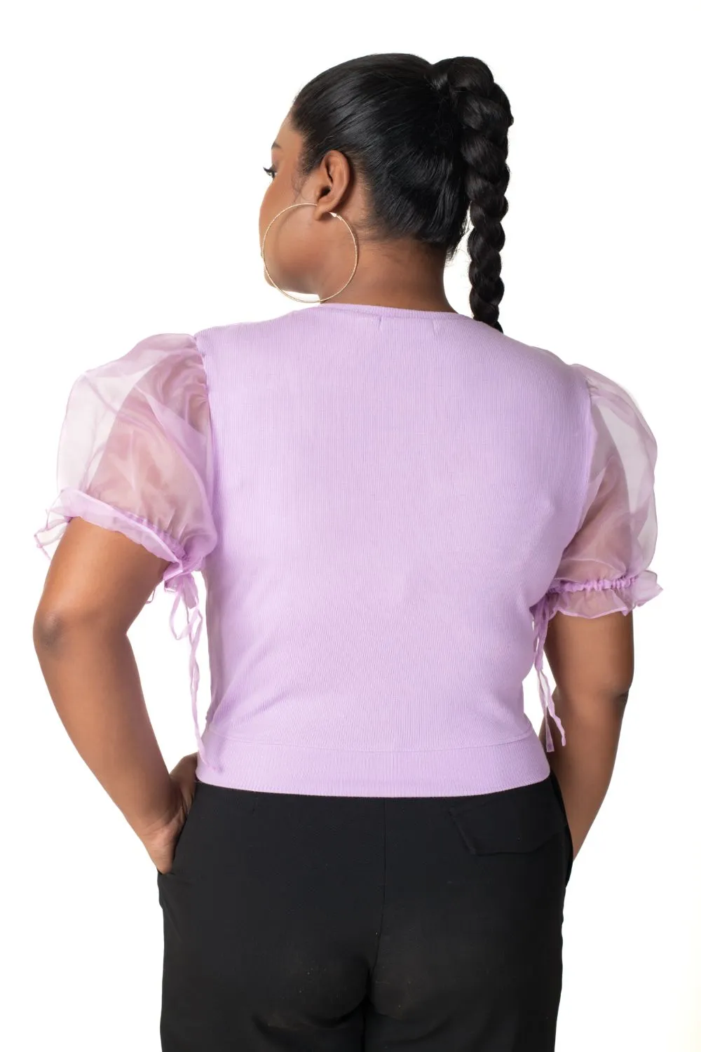 Round neck Blouses with Puffy Organza Sleeves- Plus Size