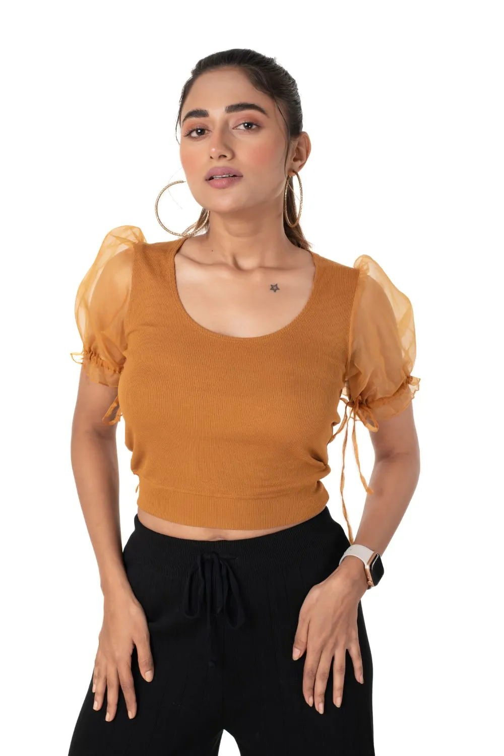 Round neck Blouses with Puffy Organza Sleeves- Plus Size