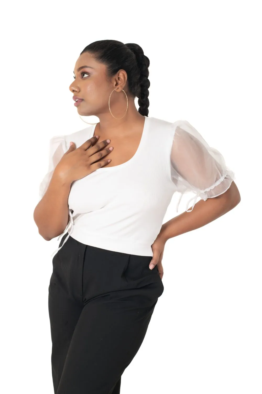 Round neck Blouses with Puffy Organza Sleeves- Plus Size