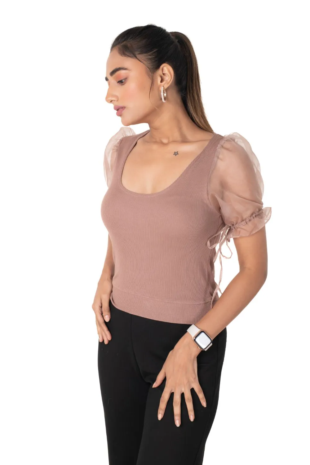 Round neck Blouses with Puffy Organza Sleeves- Plus Size