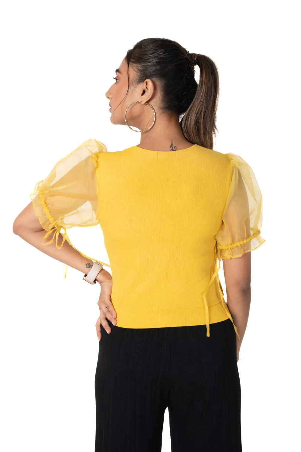 Round neck Blouses with Puffy Organza Sleeves- Plus Size