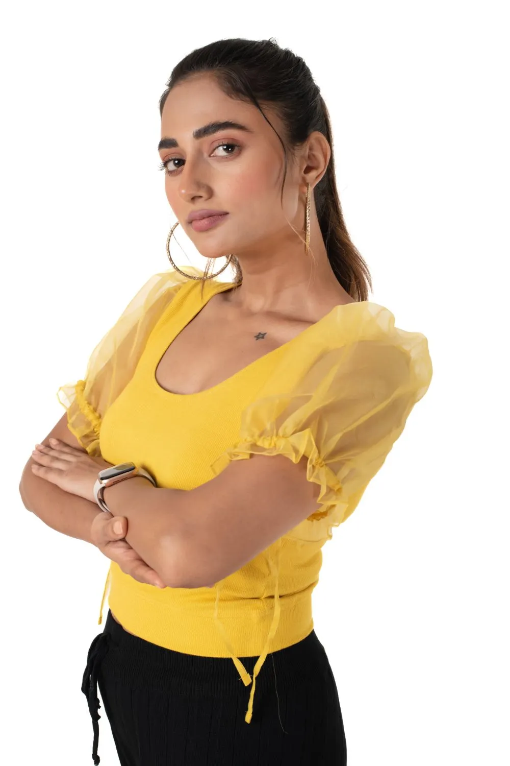 Round neck Blouses with Puffy Organza Sleeves- Plus Size