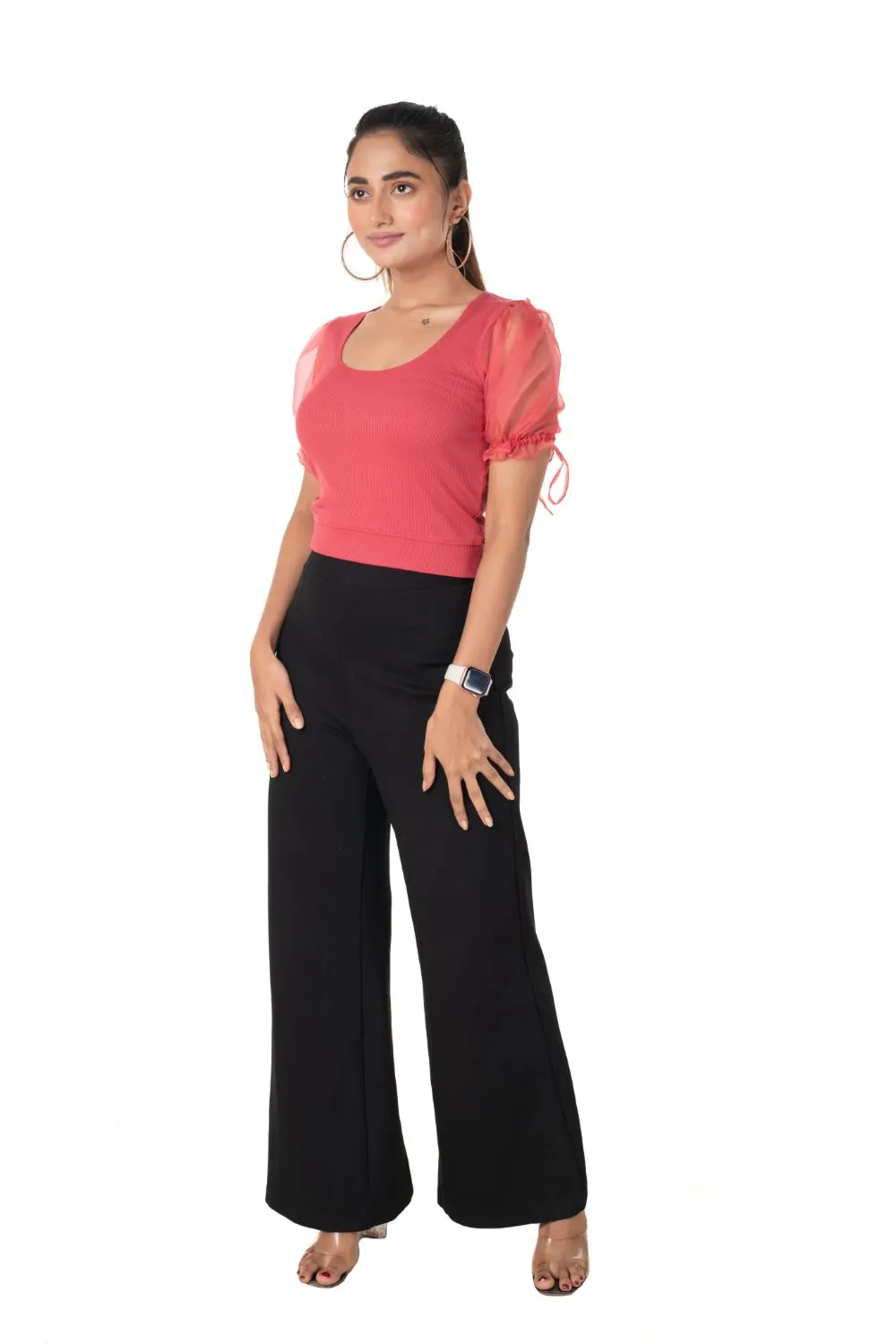 Round neck Blouses with Puffy Organza Sleeves- Plus Size
