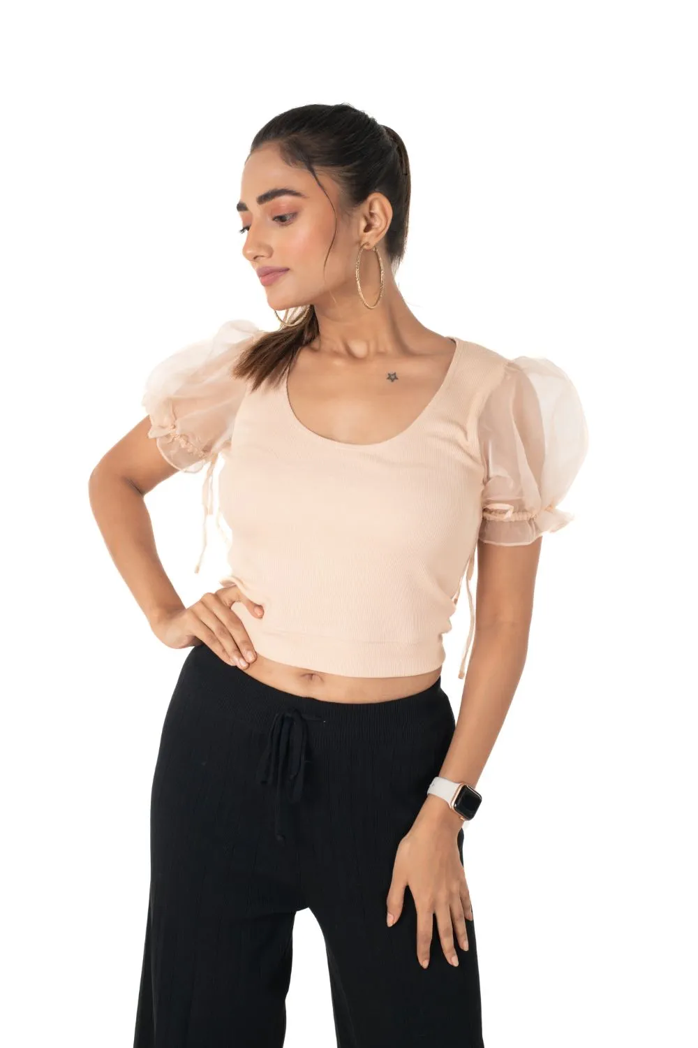 Round neck Blouses with Puffy Organza Sleeves- Plus Size