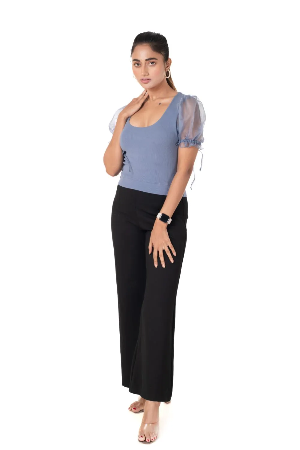 Round neck Blouses with Puffy Organza Sleeves- Plus Size