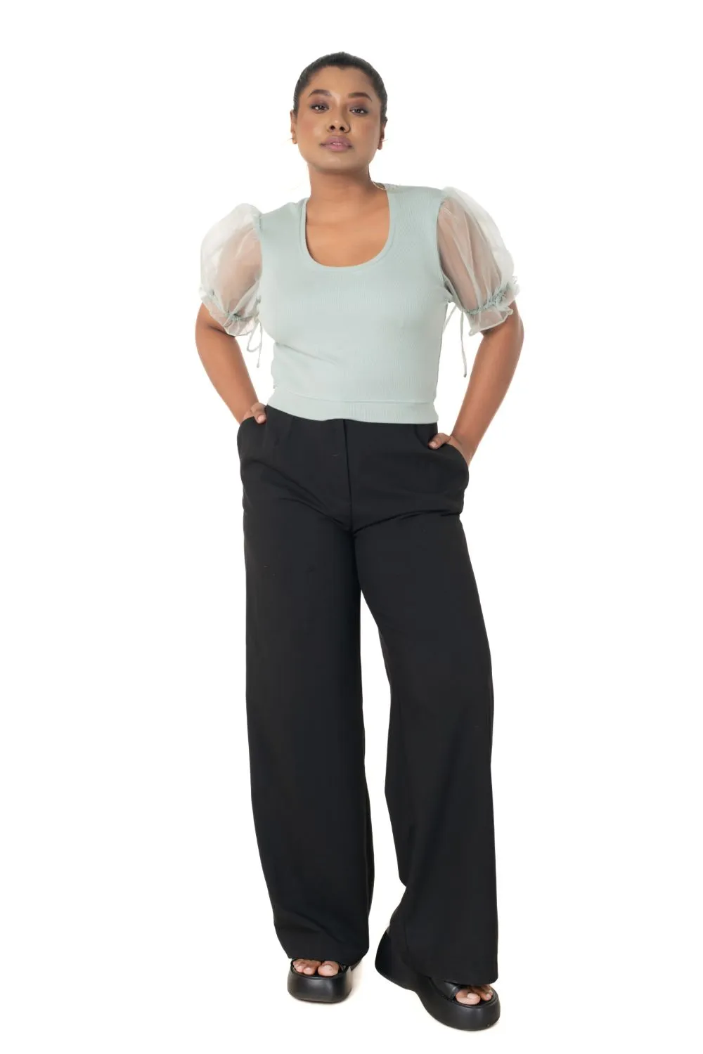 Round neck Blouses with Puffy Organza Sleeves- Plus Size