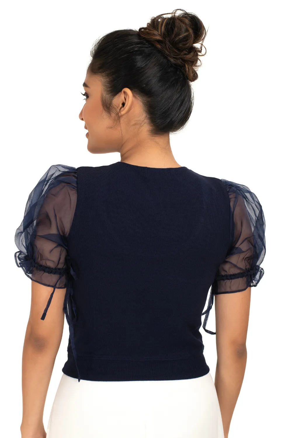 Round neck Blouses with Puffy Organza Sleeves- Plus Size