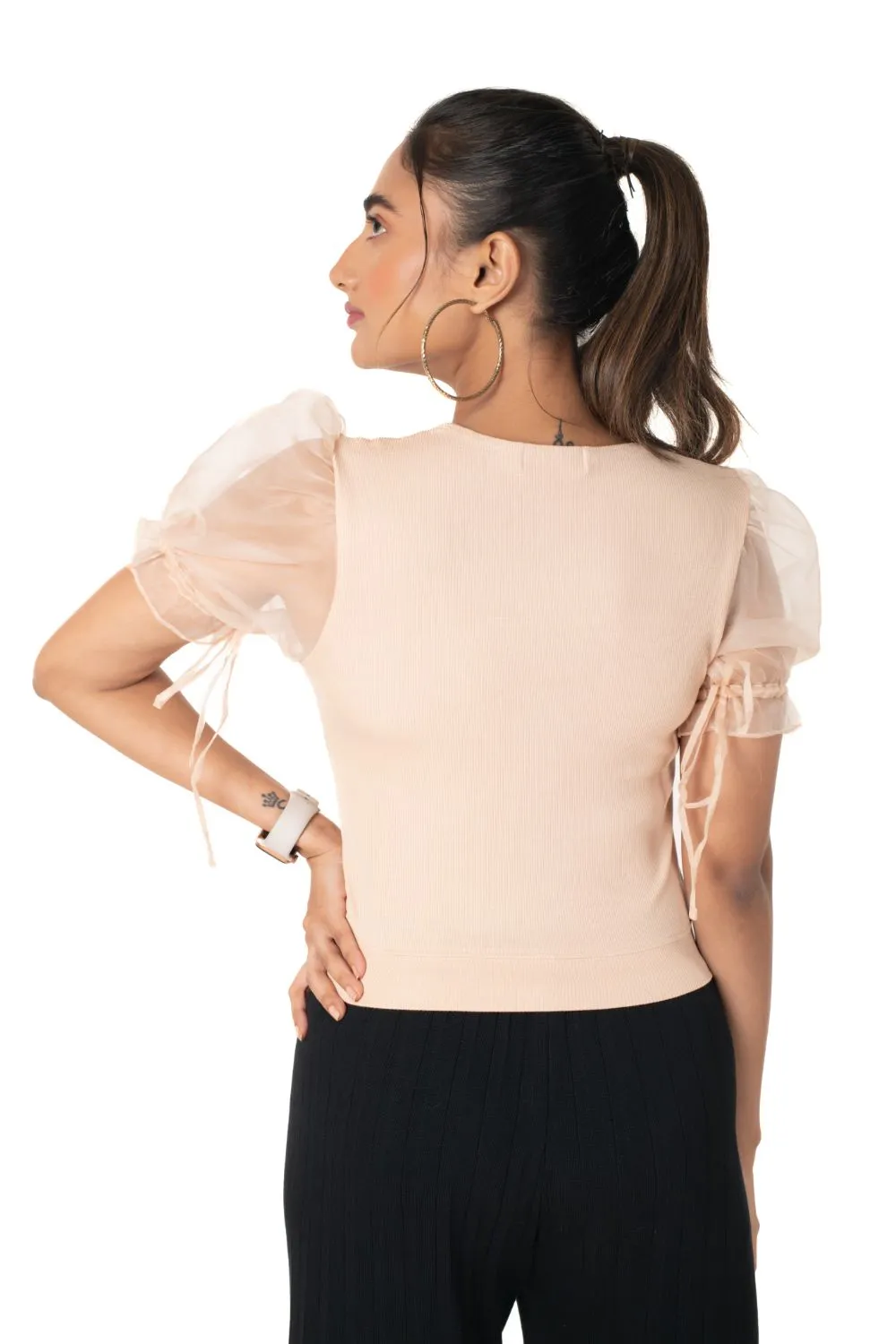 Round neck Blouses with Puffy Organza Sleeves- Plus Size