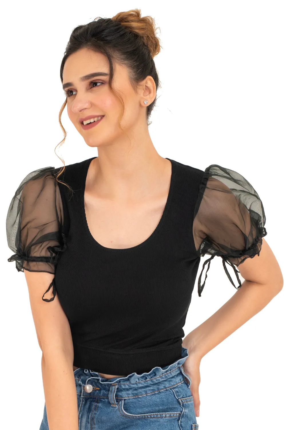 Round neck Blouses with Puffy Organza Sleeves- Plus Size
