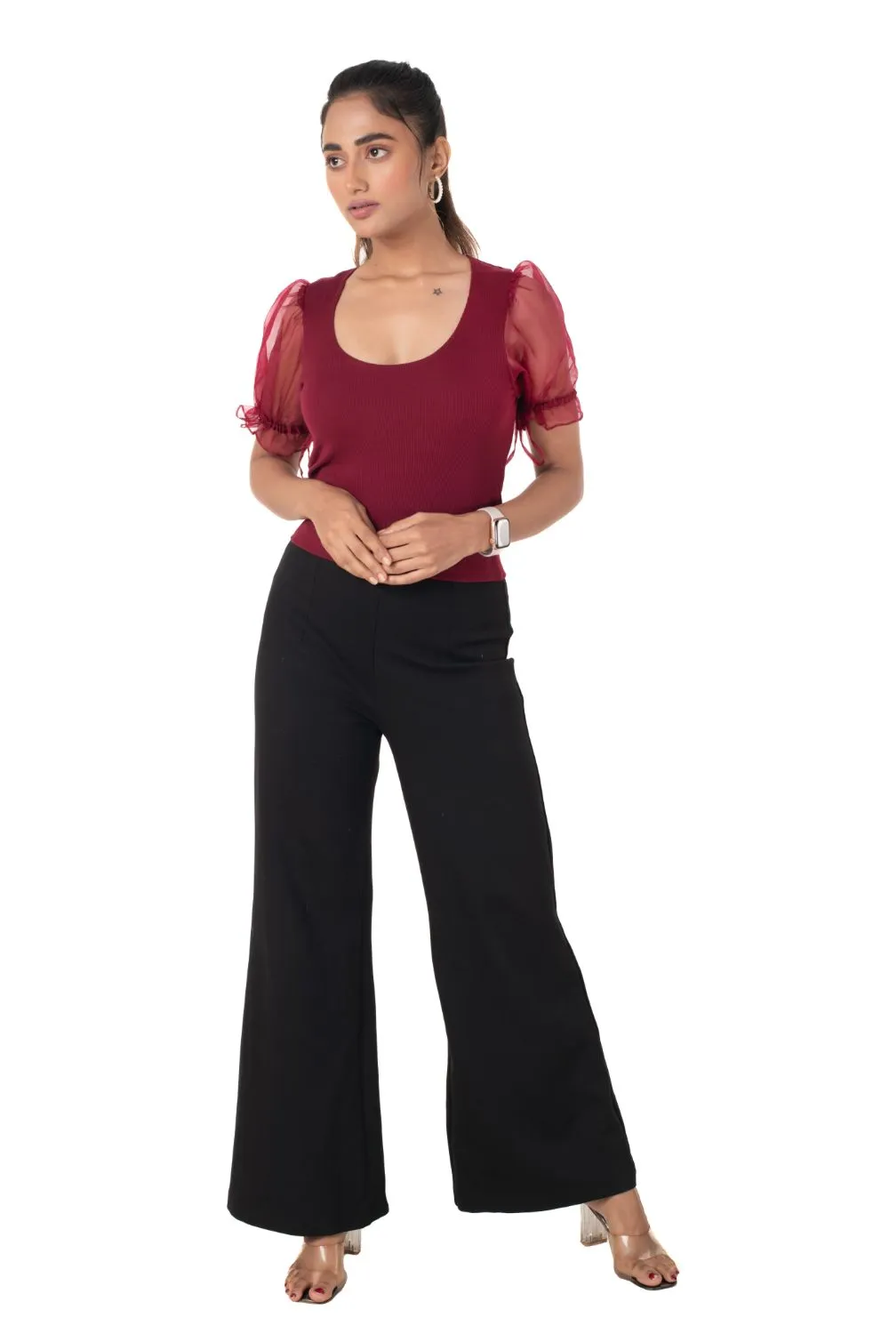 Round neck Blouses with Puffy Organza Sleeves- Plus Size