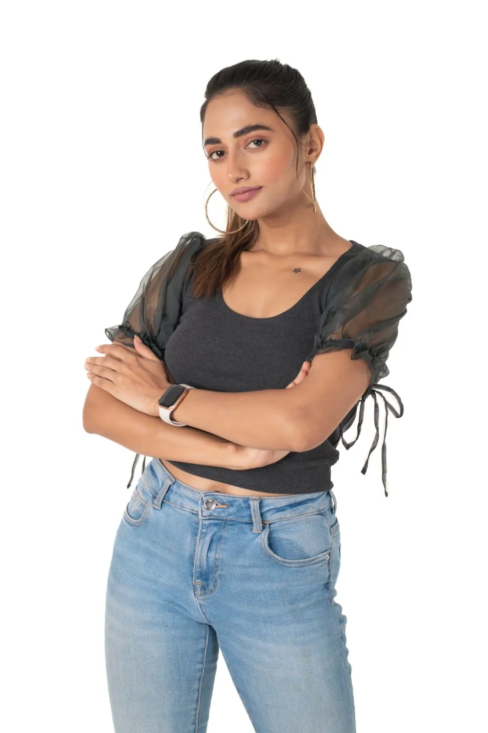 Round neck Blouses with Puffy Organza Sleeves- Plus Size