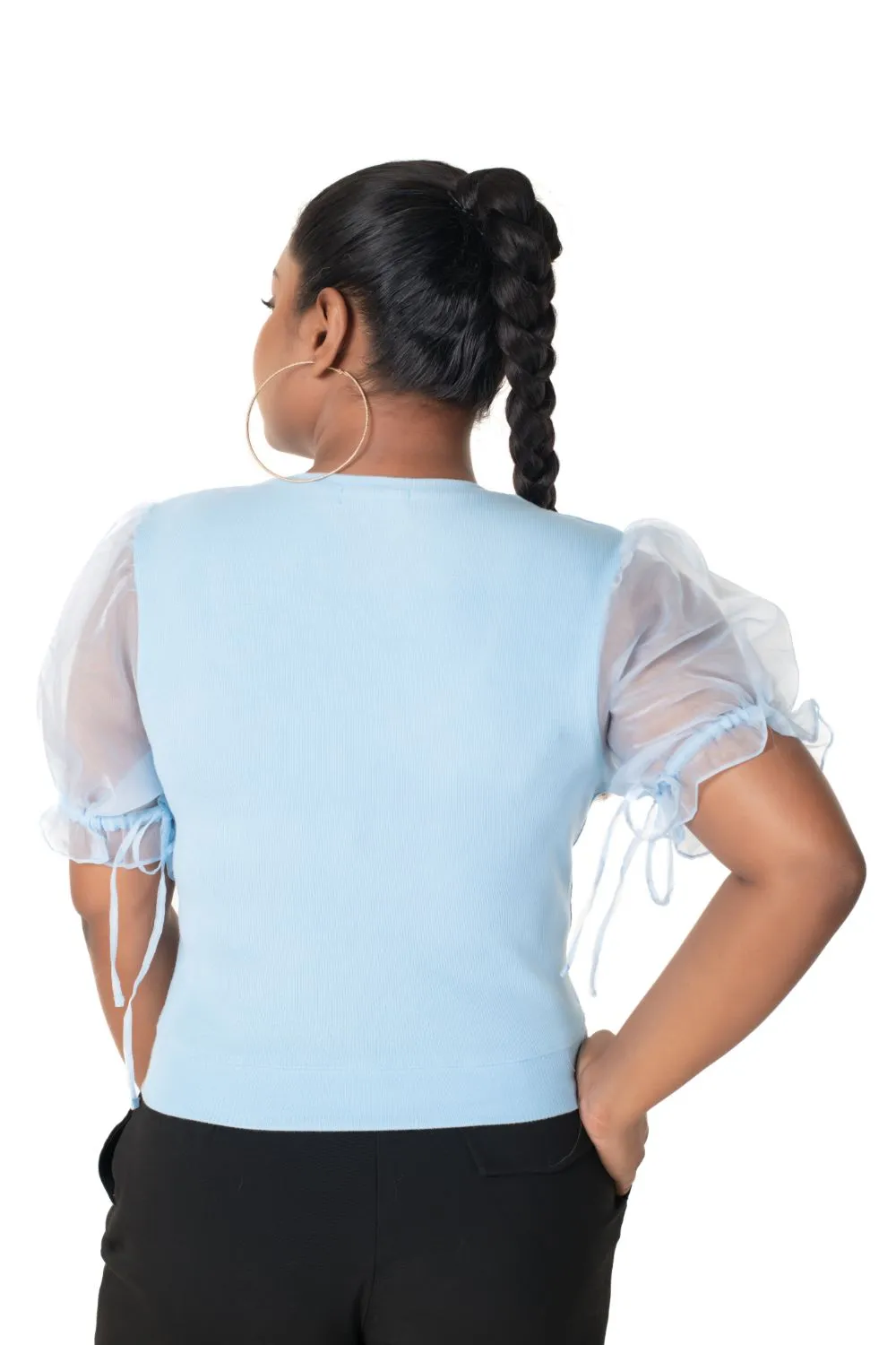 Round neck Blouses with Puffy Organza Sleeves- Plus Size