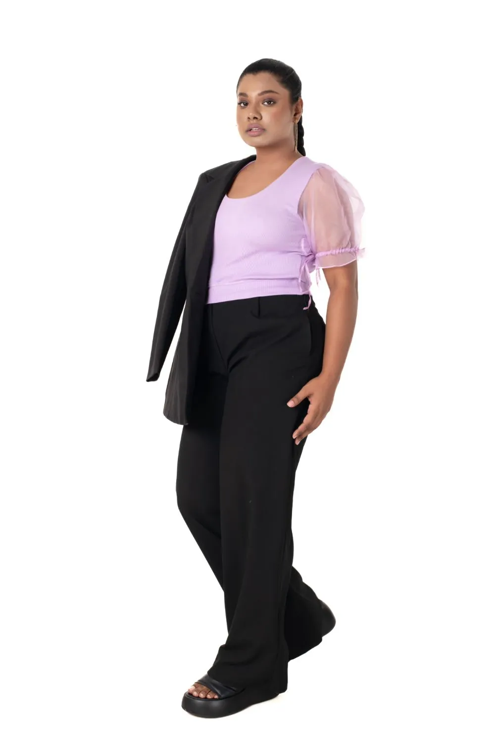 Round neck Blouses with Puffy Organza Sleeves- Plus Size