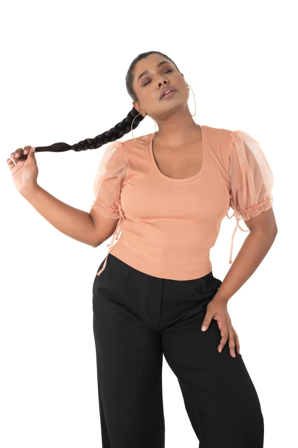 Round neck Blouses with Puffy Organza Sleeves- Plus Size