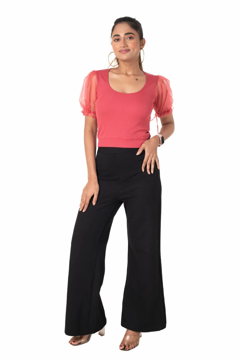 Round neck Blouses with Puffy Organza Sleeves- Plus Size