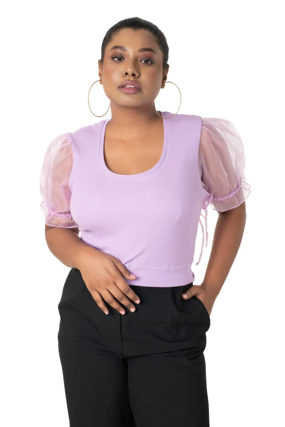 Round neck Blouses with Puffy Organza Sleeves- Plus Size
