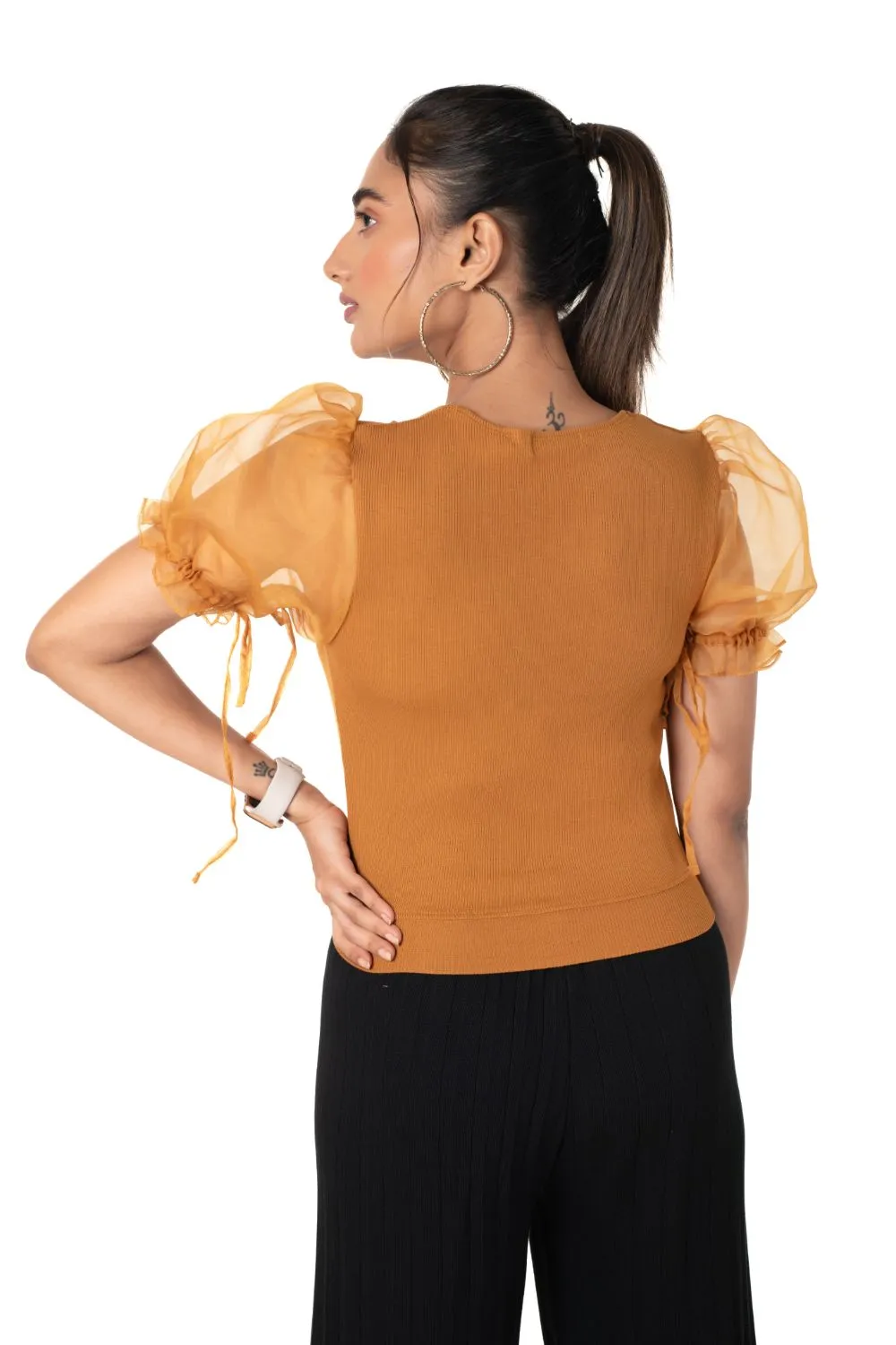 Round neck Blouses with Puffy Organza Sleeves- Plus Size