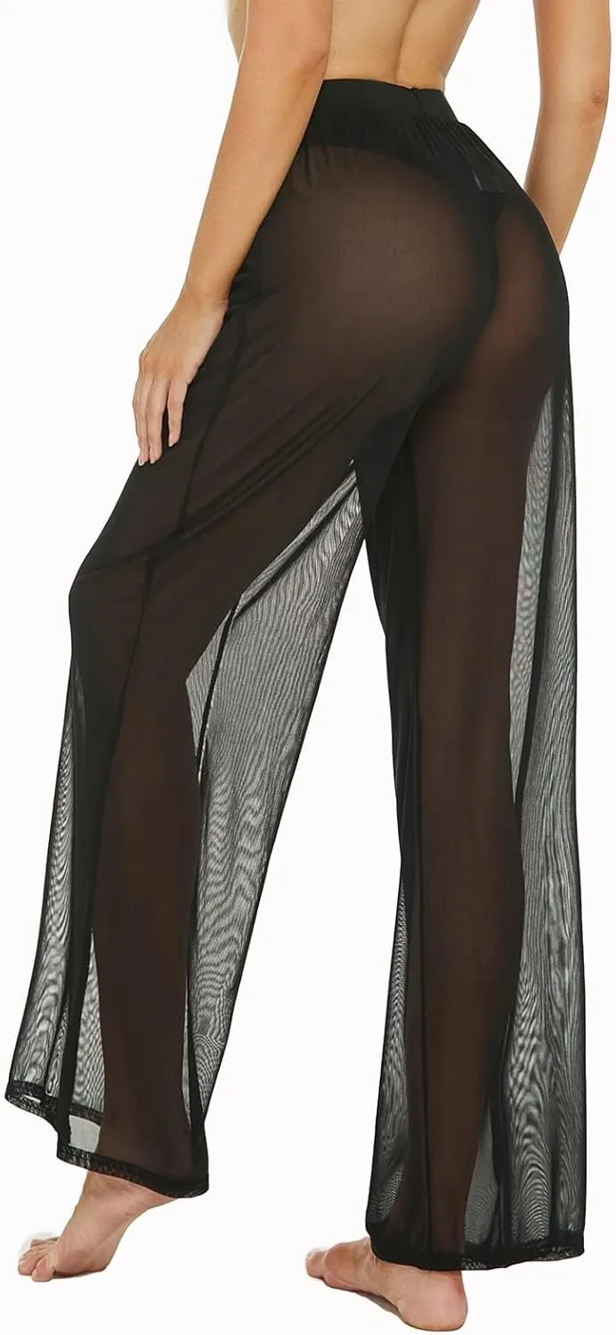 RUEWEY Women See Throug Mesh Flare Cover up Pants Swimsuit Bikini Bottom Cover up Elastic Waist Wide Leg Palazzo Trousers