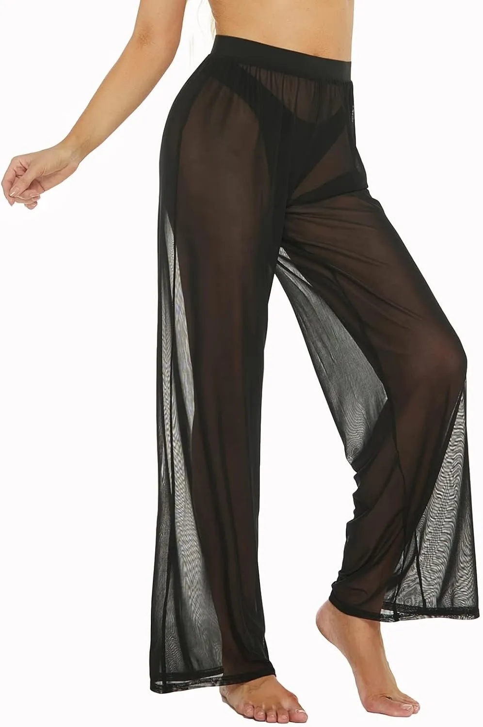 RUEWEY Women See Throug Mesh Flare Cover up Pants Swimsuit Bikini Bottom Cover up Elastic Waist Wide Leg Palazzo Trousers