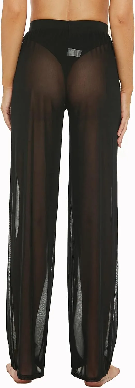 RUEWEY Women See Throug Mesh Flare Cover up Pants Swimsuit Bikini Bottom Cover up Elastic Waist Wide Leg Palazzo Trousers