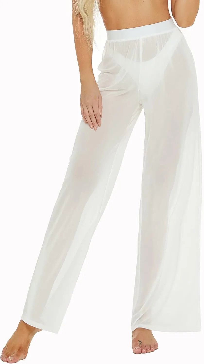 RUEWEY Women See Throug Mesh Flare Cover up Pants Swimsuit Bikini Bottom Cover up Elastic Waist Wide Leg Palazzo Trousers