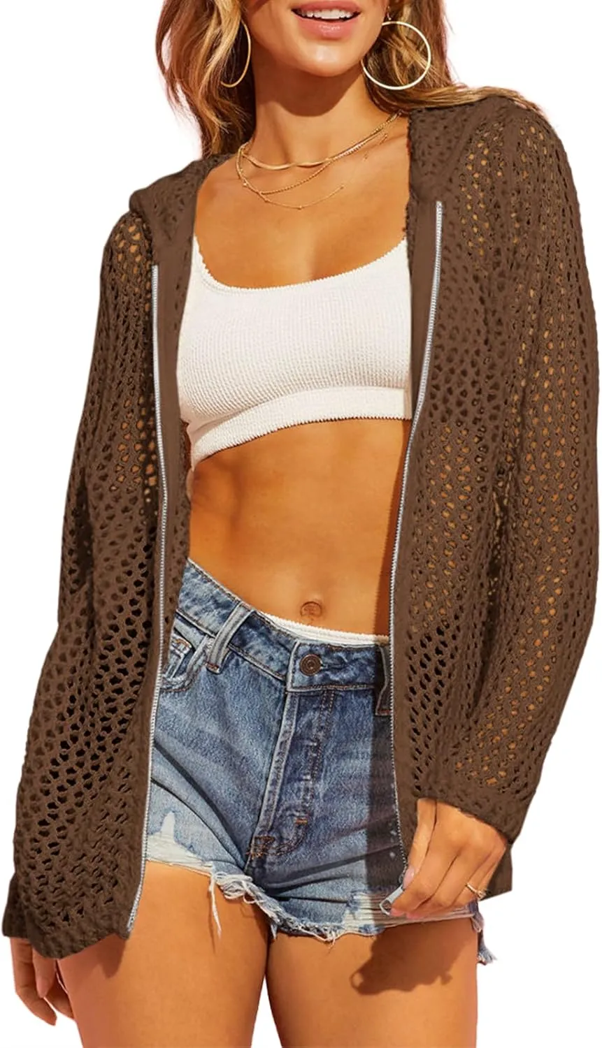 Saodimallsu Womens Crochet Lightweight Cardigans Zip Up Hooded Long Sleeve Knit Sweaters Mesh Beach Swim Cover Up