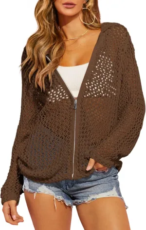 Saodimallsu Womens Crochet Lightweight Cardigans Zip Up Hooded Long Sleeve Knit Sweaters Mesh Beach Swim Cover Up