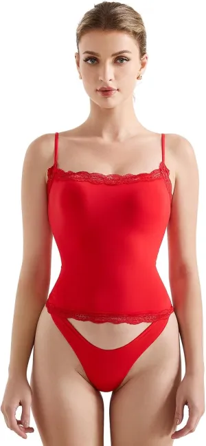 SUUKSESS Women Lace Double Lined Sexy Camisole Tops Spaghetti Strap Y2k Going Out Tank Tops (Dream Red, L)