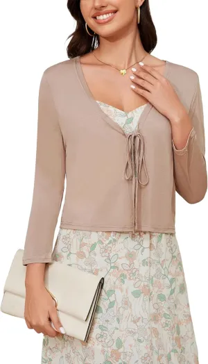 Tie Front Cropped Cardigan Sweaters for Women 3/4 Sleeve Lightweight Open Front Knit Shrug Top for Dress