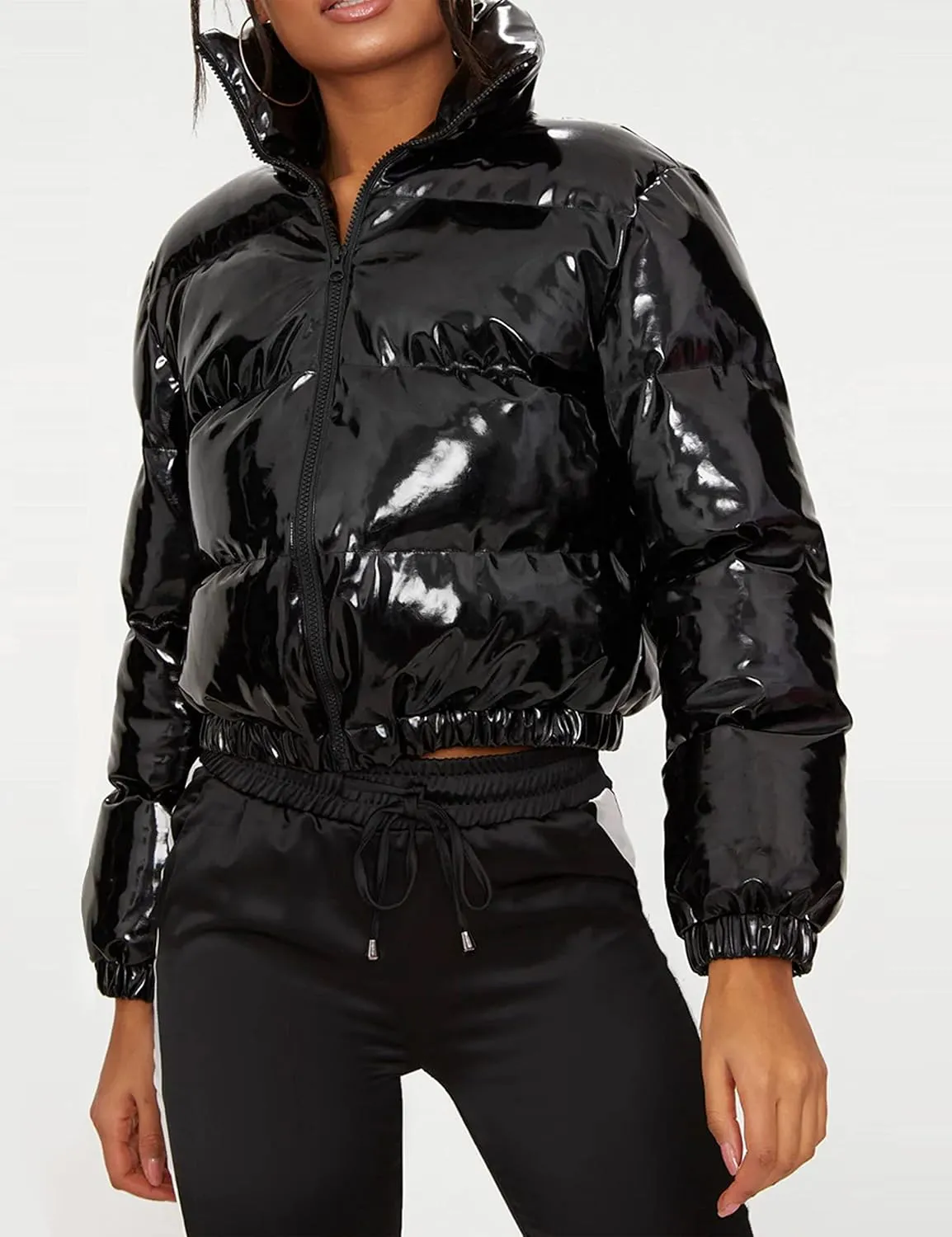 Uaneo Women's Cropped Puffer Jacket Winter Shiny Zip Up Short Bubble Puffy Coats