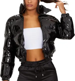 Uaneo Women's Cropped Puffer Jacket Winter Shiny Zip Up Short Bubble Puffy Coats
