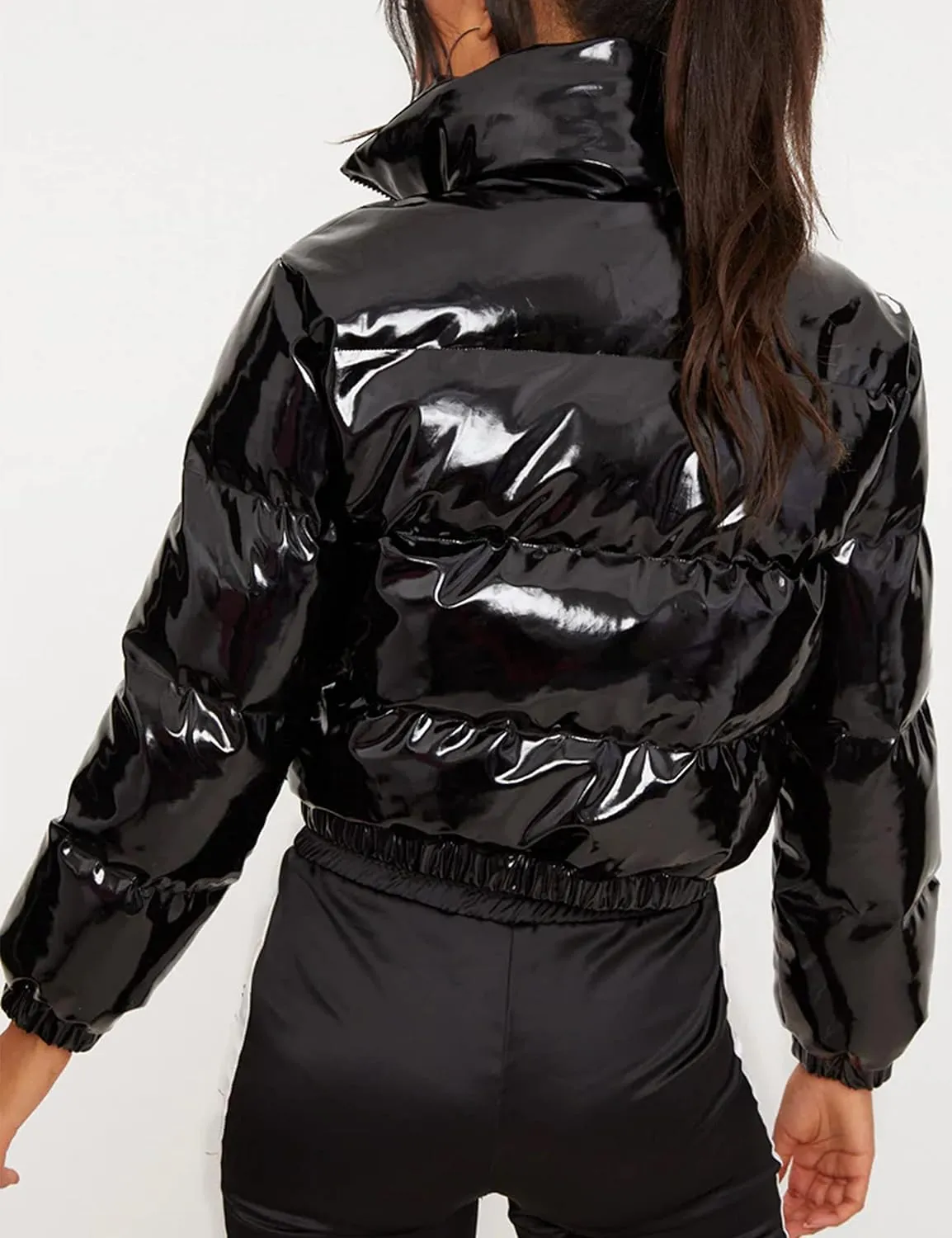 Uaneo Women's Cropped Puffer Jacket Winter Shiny Zip Up Short Bubble Puffy Coats
