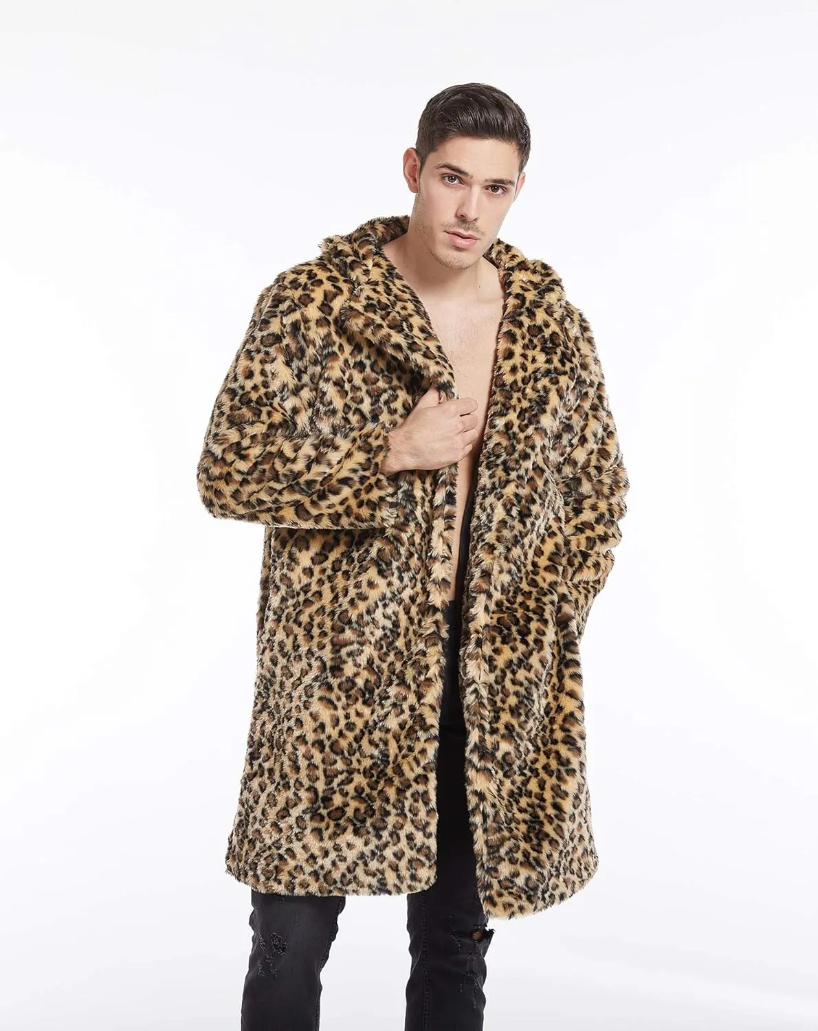 UMREN Mens Warm Leopard Faux Fur Coats Jacket Long Luxury Overwear Parka Cardigans