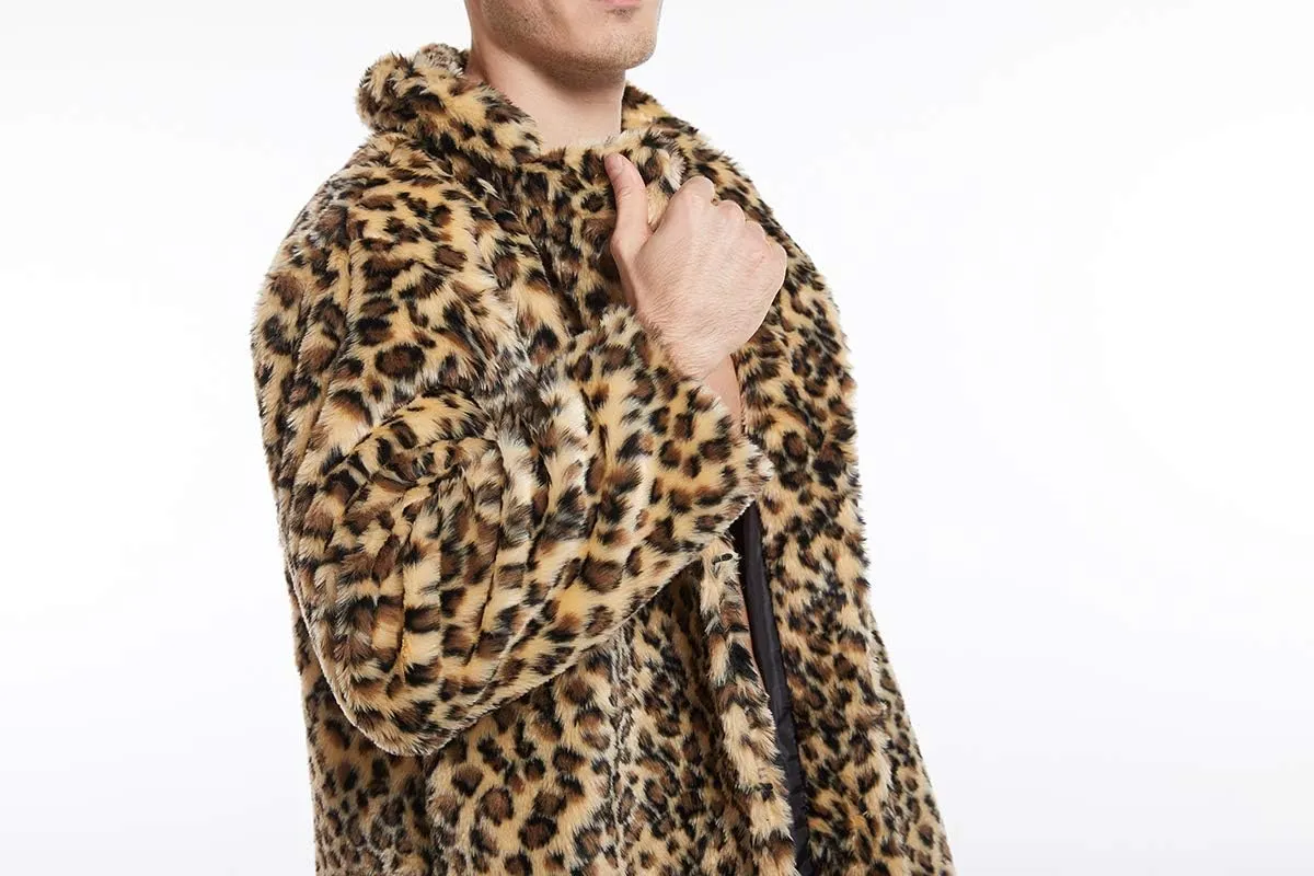 UMREN Mens Warm Leopard Faux Fur Coats Jacket Long Luxury Overwear Parka Cardigans