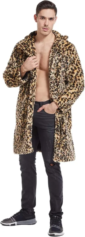 UMREN Mens Warm Leopard Faux Fur Coats Jacket Long Luxury Overwear Parka Cardigans