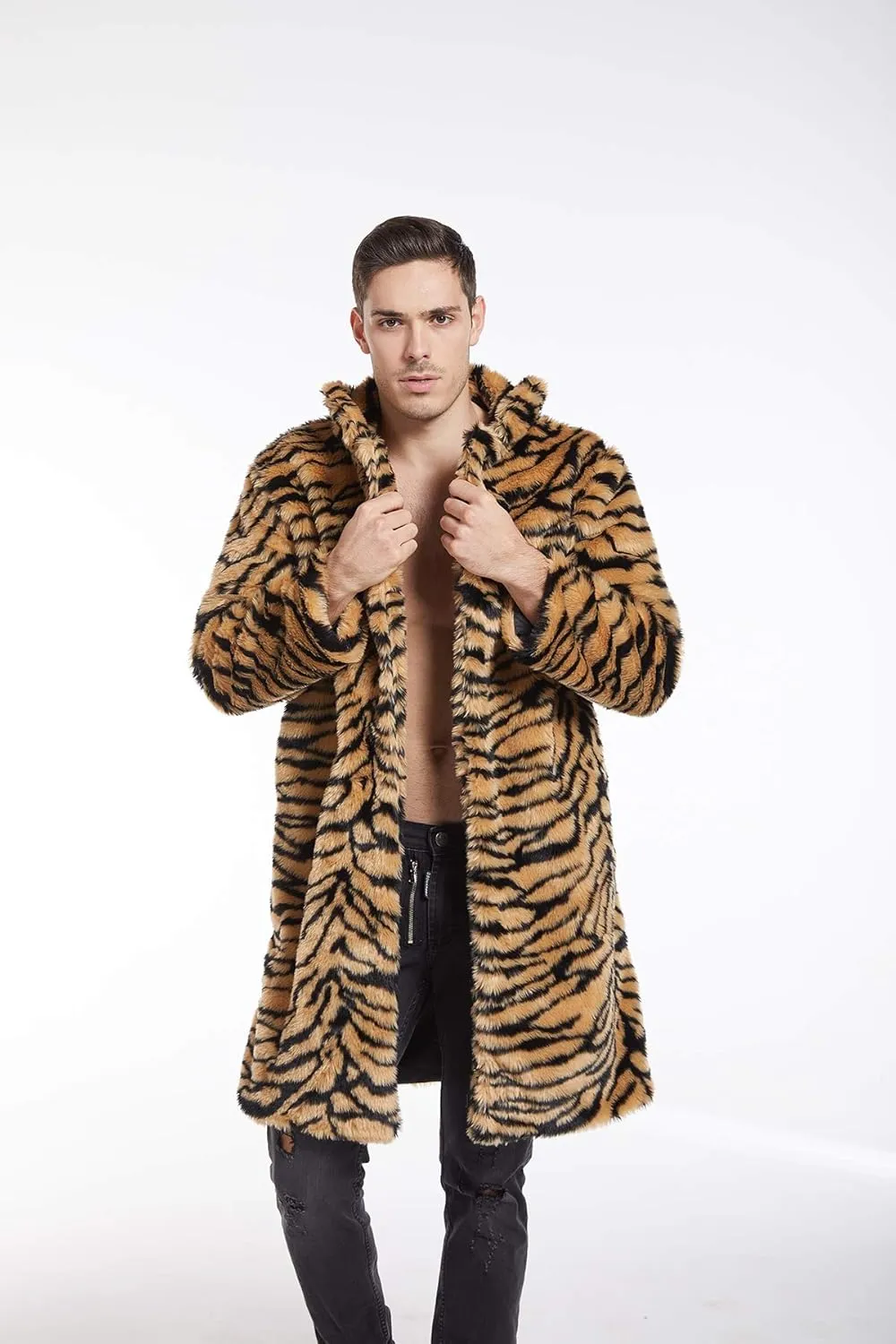 UMREN Mens Warm Leopard Faux Fur Coats Jacket Long Luxury Overwear Parka Cardigans