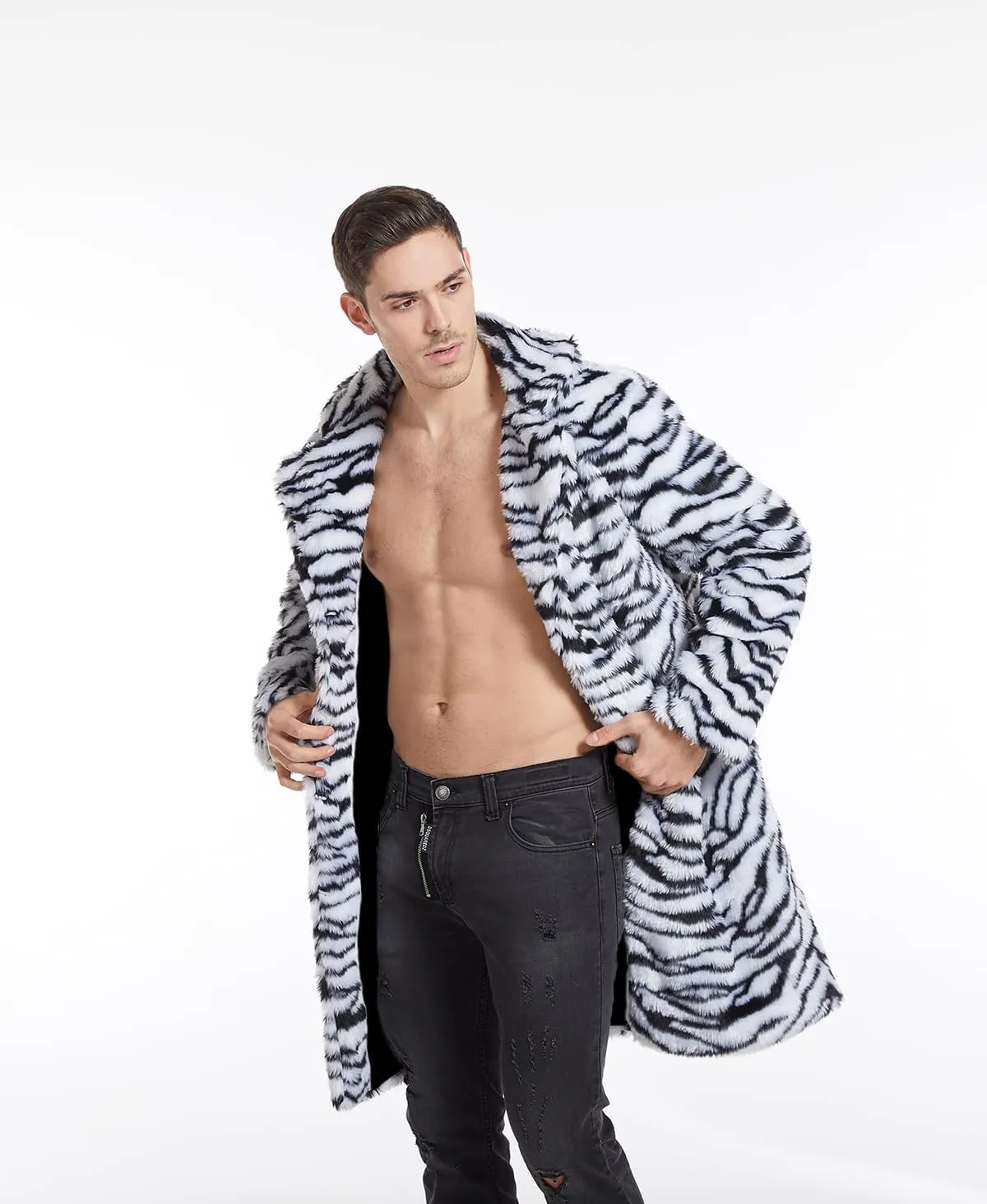 UMREN Mens Warm Leopard Faux Fur Coats Jacket Long Luxury Overwear Parka Cardigans