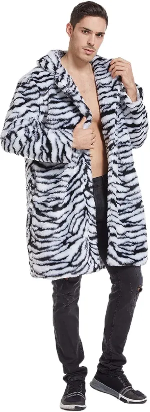 UMREN Mens Warm Leopard Faux Fur Coats Jacket Long Luxury Overwear Parka Cardigans