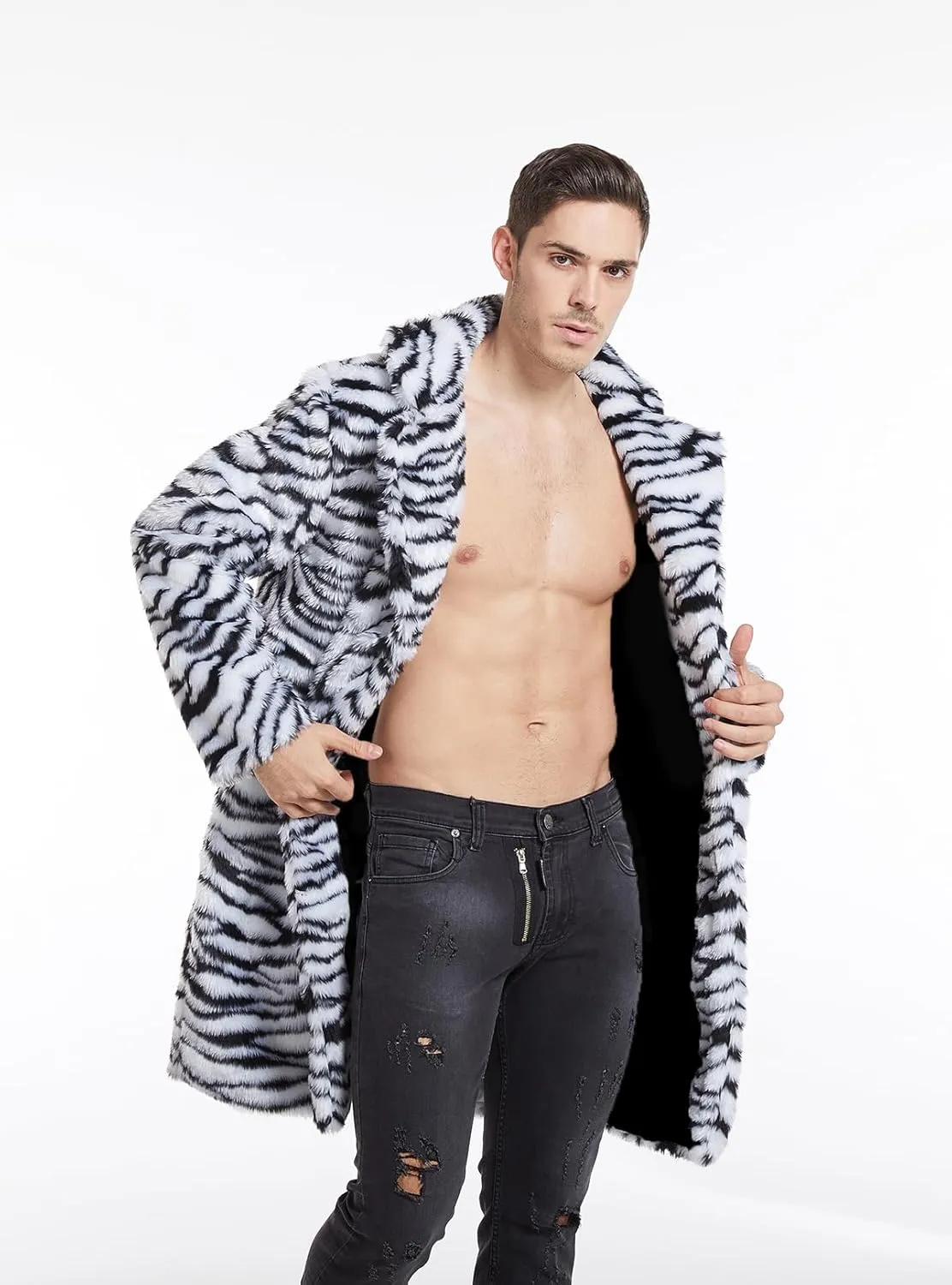 UMREN Mens Warm Leopard Faux Fur Coats Jacket Long Luxury Overwear Parka Cardigans