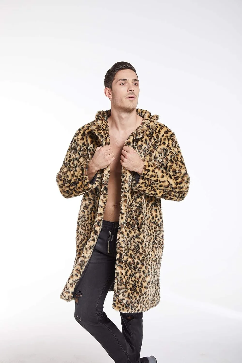 UMREN Mens Warm Leopard Faux Fur Coats Jacket Long Luxury Overwear Parka Cardigans